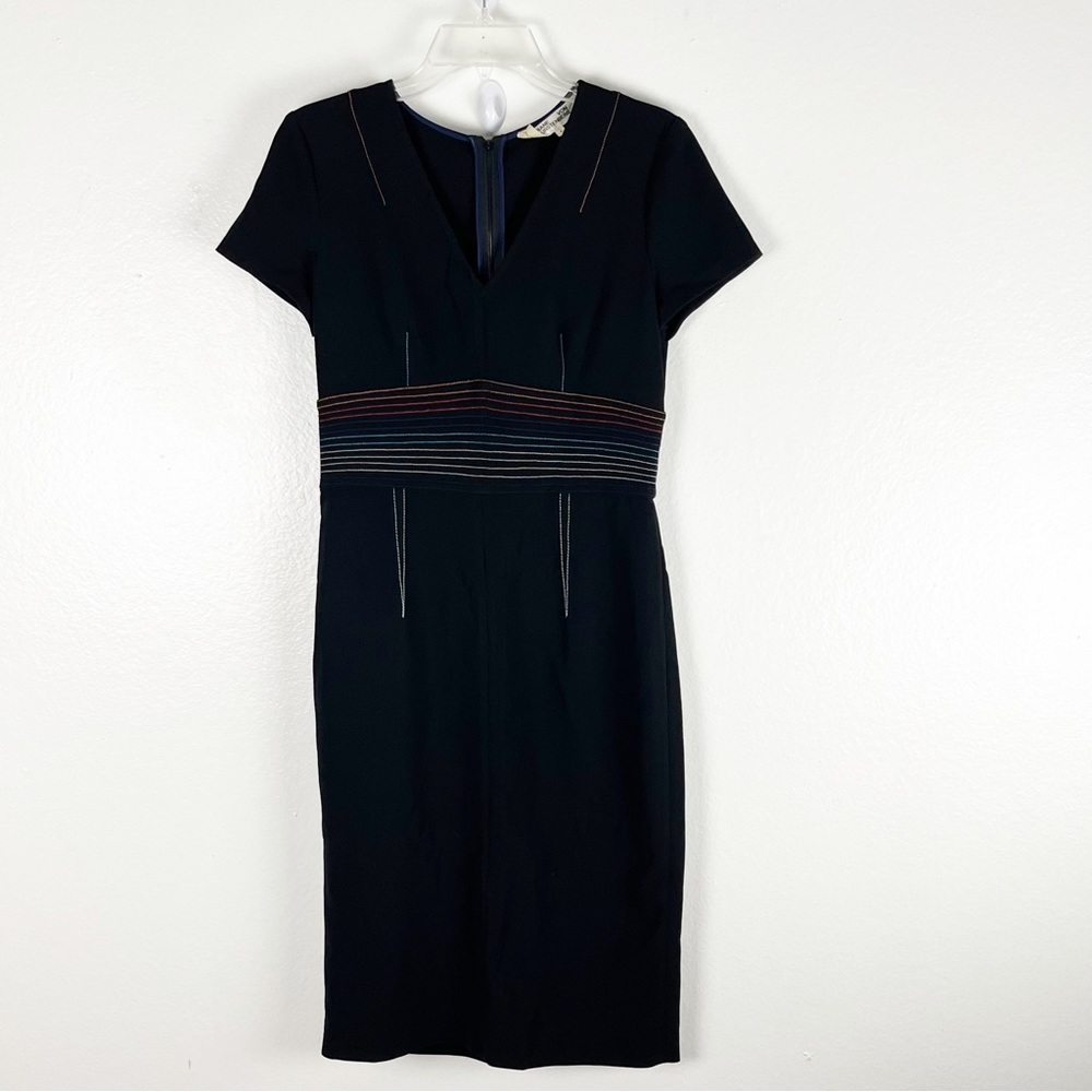 DIANE VON FURSTENBERG Black Lined Waist V-Neck Short Sleeves Back Zipper Dress 4